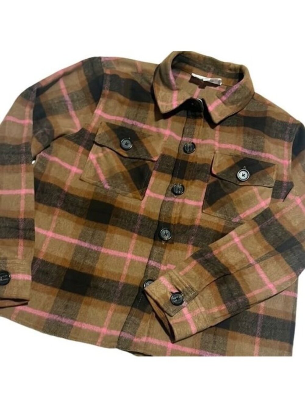 Steve Madden BB Dakota Brown and Pink Plaid Front Pocket Shacket Jacket Size L